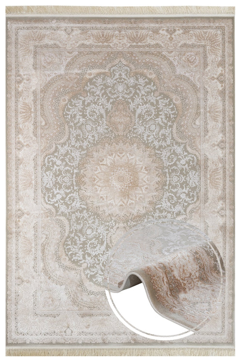 Classic Viscose Area Rug – Machine Made Cream Carpet With Fringed Edges