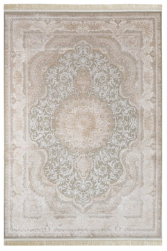 Classic Viscose Area Rug – Machine Made Cream Carpet With Fringed Edges