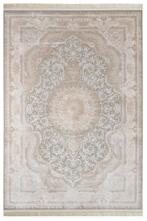 Classic Viscose Area Rug – Machine Made Cream Carpet With Fringed Edges
