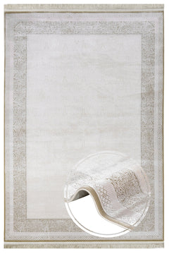 Classic Viscose Area Rug – Machine Made Cream Rug with Fringed Edges for Living Room