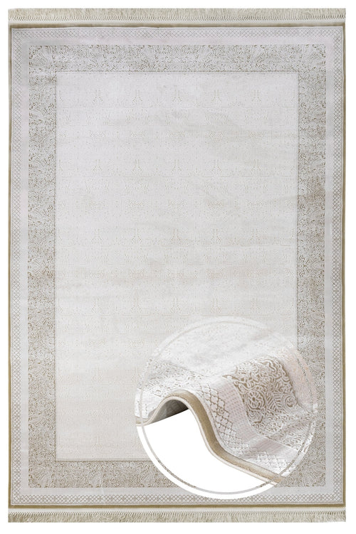 Classic Viscose Area Rug – Machine Made Cream Rug with Fringed Edges for Living Room