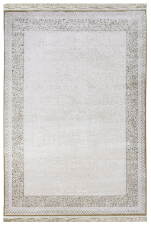Classic Viscose Area Rug – Machine Made Cream Rug with Fringed Edges for Living Room