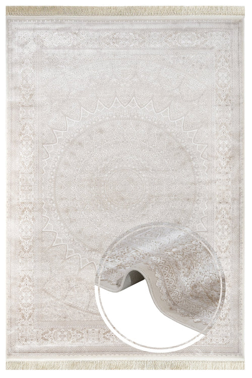 Viscose Area Rug – Classic Cream Machine Made Rug with Fringed Edges