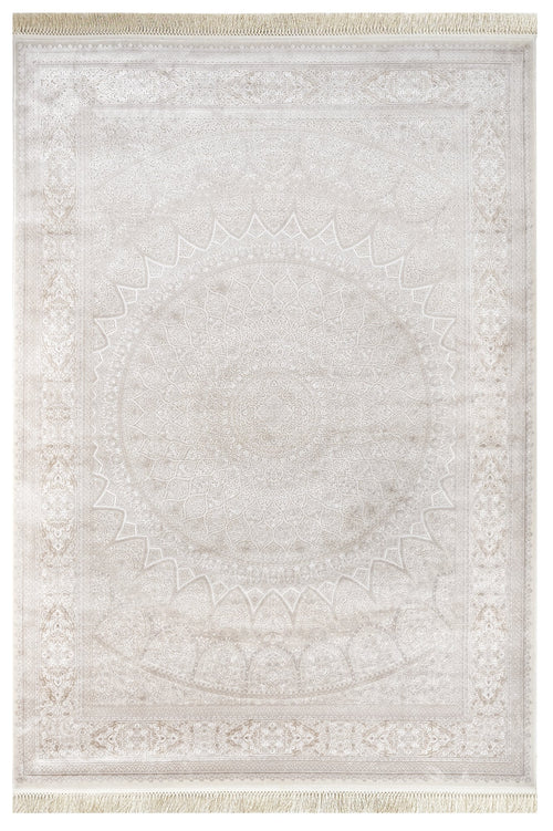 Viscose Area Rug – Classic Cream Machine Made Rug with Fringed Edges