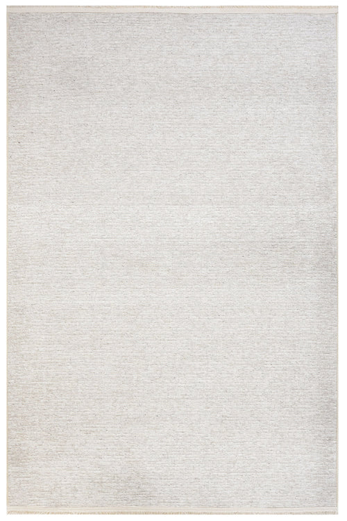 Modern Wool Area Rug - Beige Machine Made Rug With Fringed Edges & Soft Texture