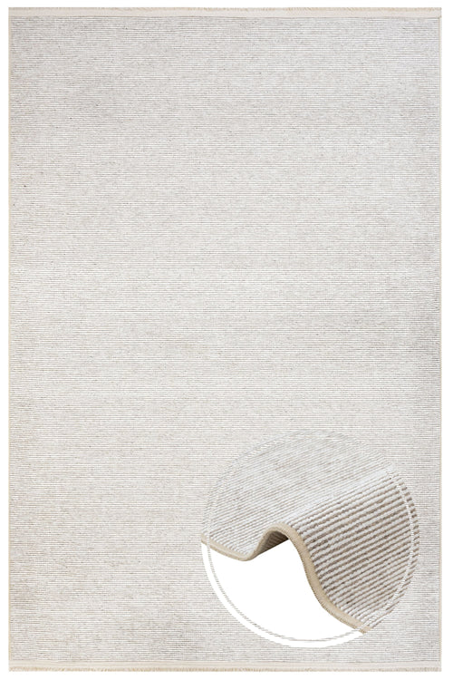 Modern Wool Area Rug - Beige Machine Made Rug With Fringed Edges & Soft Texture