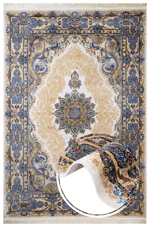 Viscose Area Rug - Classic Blue Machine Made Carpet with Fringed Edges