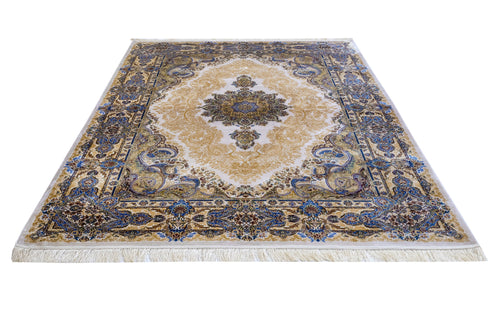 Viscose Area Rug - Classic Blue Machine Made Carpet with Fringed Edges