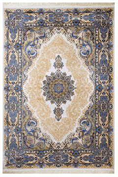 Viscose Area Rug - Classic Blue Machine Made Carpet with Fringed Edges
