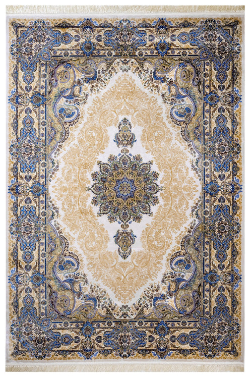 Viscose Area Rug - Classic Blue Machine Made Carpet with Fringed Edges