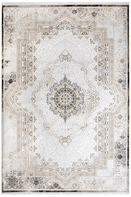 Cotton Area Rug - Machine Made Beige Medallion Rug with Soft Threads