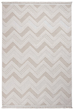 Beige Chenille Area Rug - Machine Made Zigzag Pattern Rug With Cotton Base