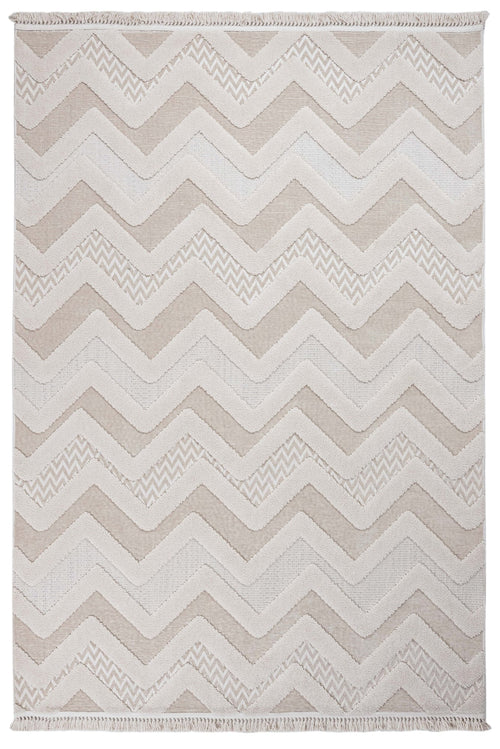 Beige Chenille Area Rug - Machine Made Zigzag Pattern Rug With Cotton Base