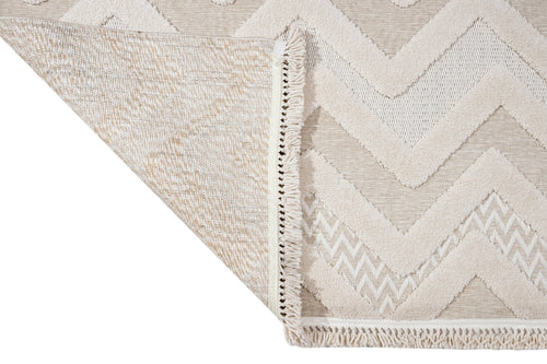 Beige Chenille Area Rug - Machine Made Zigzag Pattern Rug With Cotton Base