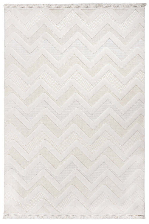 Chenille Area Rug – Machine Made Cream Zigzag Rug with Cotton Base