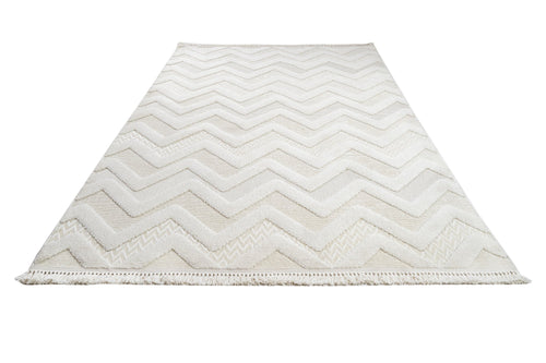 Chenille Area Rug – Machine Made Cream Zigzag Rug with Cotton Base