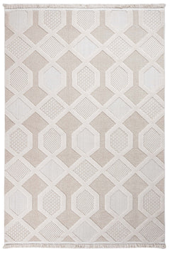 Chenille Area Rug - Beige Geometric Machine Made Rug with Cotton Base