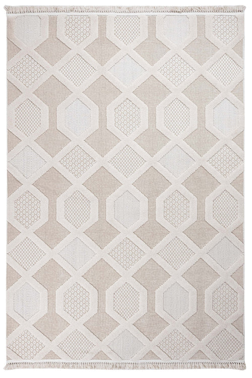 Chenille Area Rug - Beige Geometric Machine Made Rug with Cotton Base
