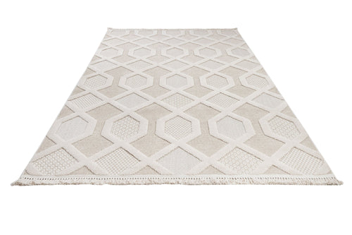 Chenille Area Rug - Beige Geometric Machine Made Rug with Cotton Base