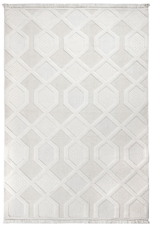 Cream Geometric Area Rug – Machine Made Chenille Rug with Cotton Base
