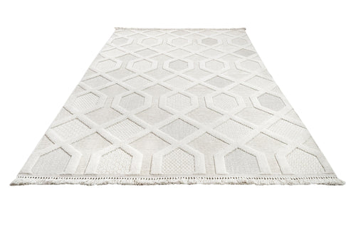 Cream Geometric Area Rug – Machine Made Chenille Rug with Cotton Base