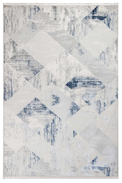 Blue Geometric Area Rug - Machine Made Microfiber Cotton Base Rug With Antislip