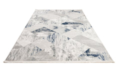 Blue Geometric Area Rug - Machine Made Microfiber Cotton Base Rug With Antislip