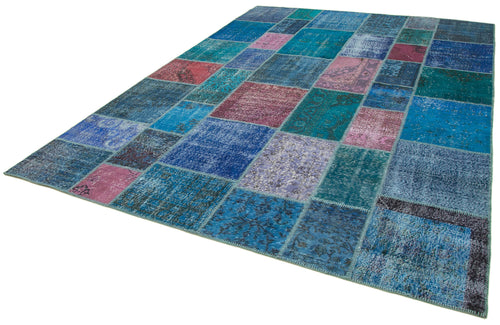 Handmade Area Rug - Blue Patchwork Cotton Wool Vintage Handwoven Carpet 8'6" x 11'8"