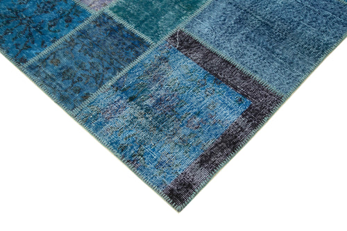 Handmade Area Rug - Blue Patchwork Cotton Wool Vintage Handwoven Carpet 8'6" x 11'8"