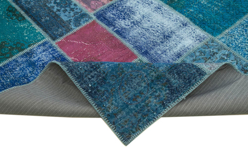 Handmade Area Rug - Blue Patchwork Cotton Wool Vintage Handwoven Carpet 8'6" x 11'8"