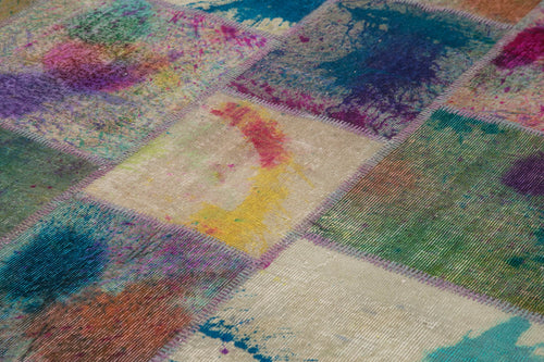 Handmade Area Rug - Pink Patchwork Cotton Wool Vintage Hand Woven Carpet 8'2''x11'6''