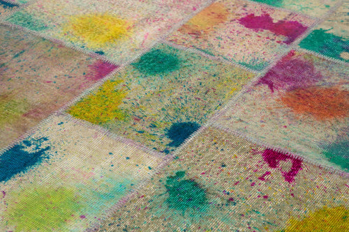 Handmade Area Rug - Pink Patchwork Cotton Wool Vintage Turkish Carpet 8'2''x11'7''