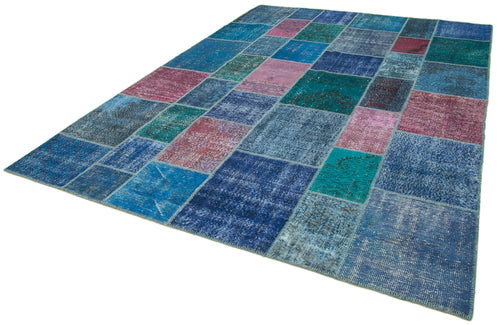 Handmade Area Rug - Blue Patchwork Cotton Wool Carpet 8'6''x11'8'' Durable Soft Wool