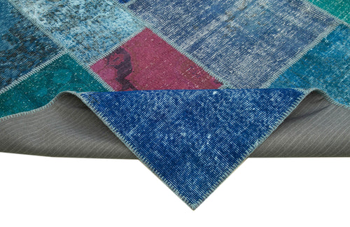 Handmade Area Rug - Blue Patchwork Cotton Wool Carpet 8'6''x11'8'' Durable Soft Wool
