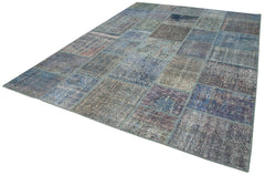 Handmade Area Rug – Blue Patchwork Cotton Wool Vintage Handwoven Carpet 8'3''x11'7''