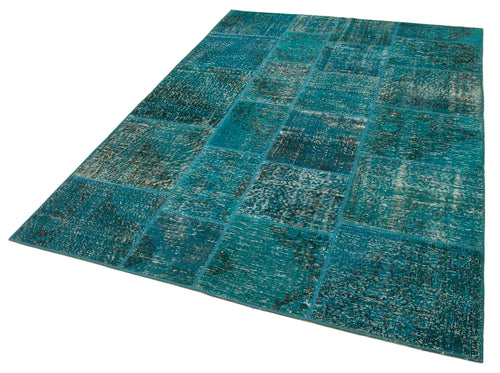 Kirk Yama Turquoise Patchwork Cotton Wool Handmade Area Rug 5'7'' x 7'11''