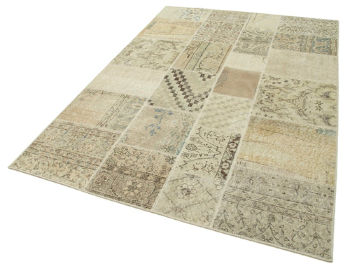 Handmade Area Rug - Beige Patchwork Cotton Wool Vintage Turkish Carpet 5'7''x7'11''