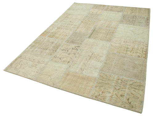 Handmade Area Rug - Beige Patchwork Cotton Wool Vintage Turkish Carpet 5'9''x8'2''