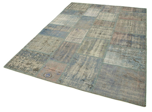 Handmade Area Rug - Blue Patchwork Cotton Wool Vintage Hand Knotted Carpet 5'10''x8'1''