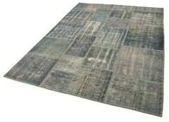 Handmade Area Rug - Blue Patchwork Cotton Wool Vintage Handwoven Carpet 5'9" x 8'0"