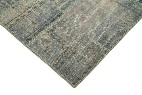 Handmade Area Rug - Blue Patchwork Cotton Wool Vintage Handwoven Carpet 5'9" x 8'0"