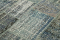 Handmade Area Rug - Blue Patchwork Cotton Wool Vintage Handwoven Carpet 5'9" x 8'0"