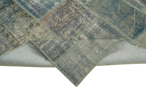 Handmade Area Rug - Blue Patchwork Cotton Wool Vintage Handwoven Carpet 5'9" x 8'0"