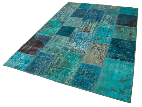 Kirk Yama Turquoise Patchwork Cotton Wool Handmade Area Rug 5'7'' x 7'11''
