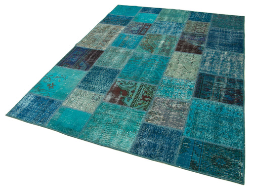 Kirk Yama Turquoise Patchwork Cotton Wool Handmade Area Rug 5'7'' x 7'10''