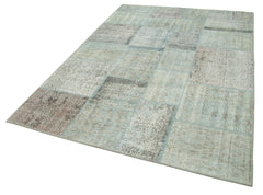 Handmade Area Rug - Blue Patchwork Cotton Wool Carpet, Vintage Turkish Design 5'7''x7'10''