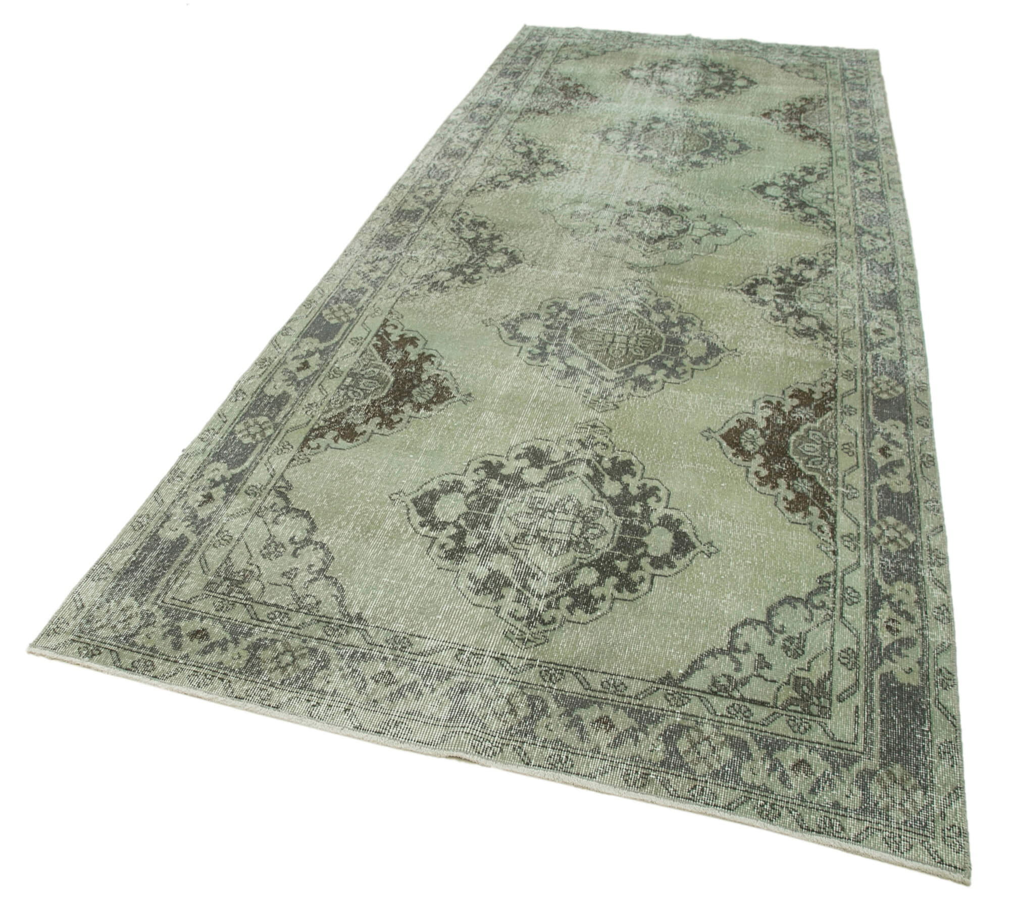 Vintage Wool Area Rug – Handmade Cotton Rug, Green Turkish Hand Knotted Carpet 4'10''x12'4''