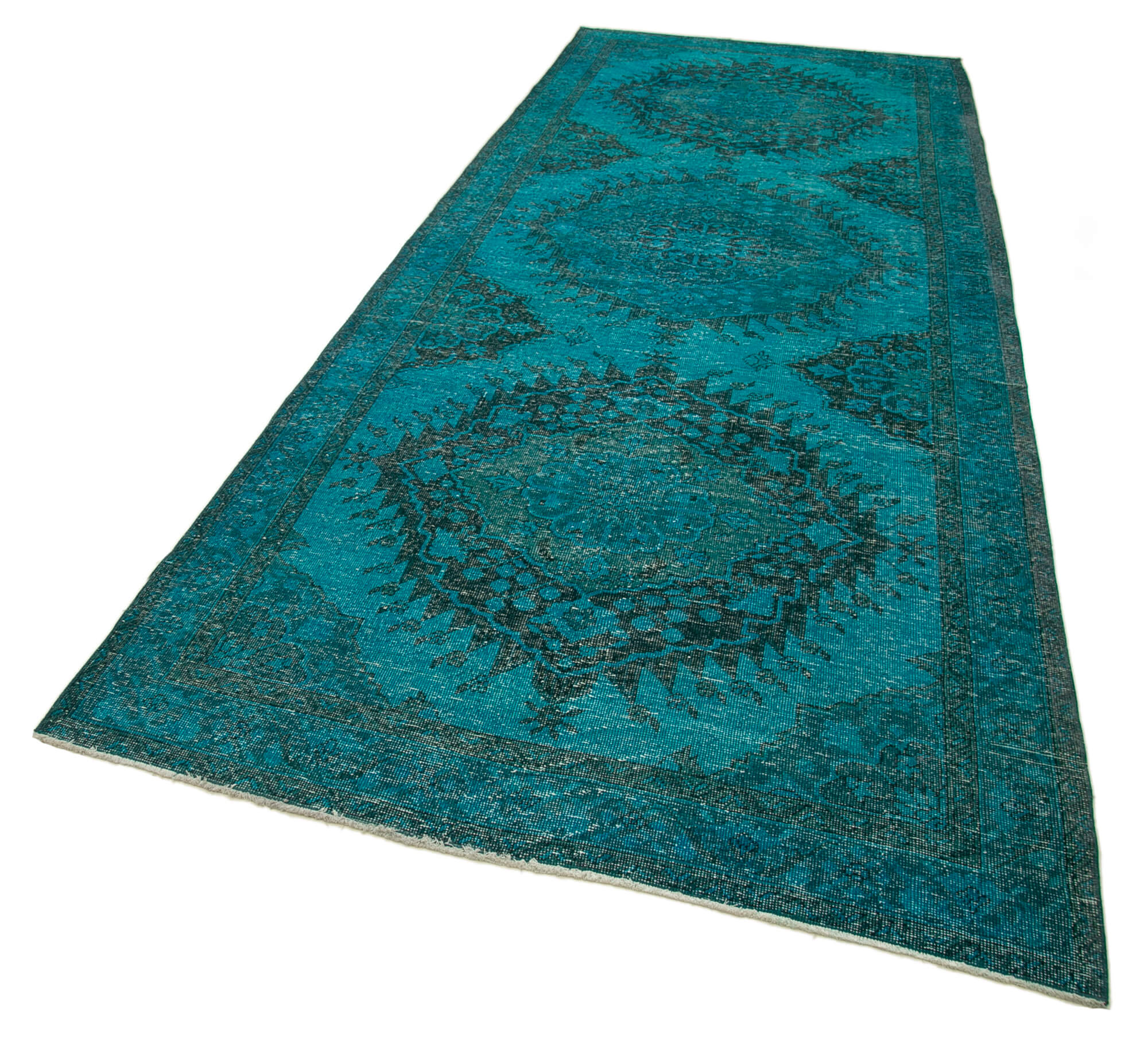 Vintage Handmade Area Rug - Turquoise Cotton Wool Carpet | Hand Woven Rug 4'11''x13'4''