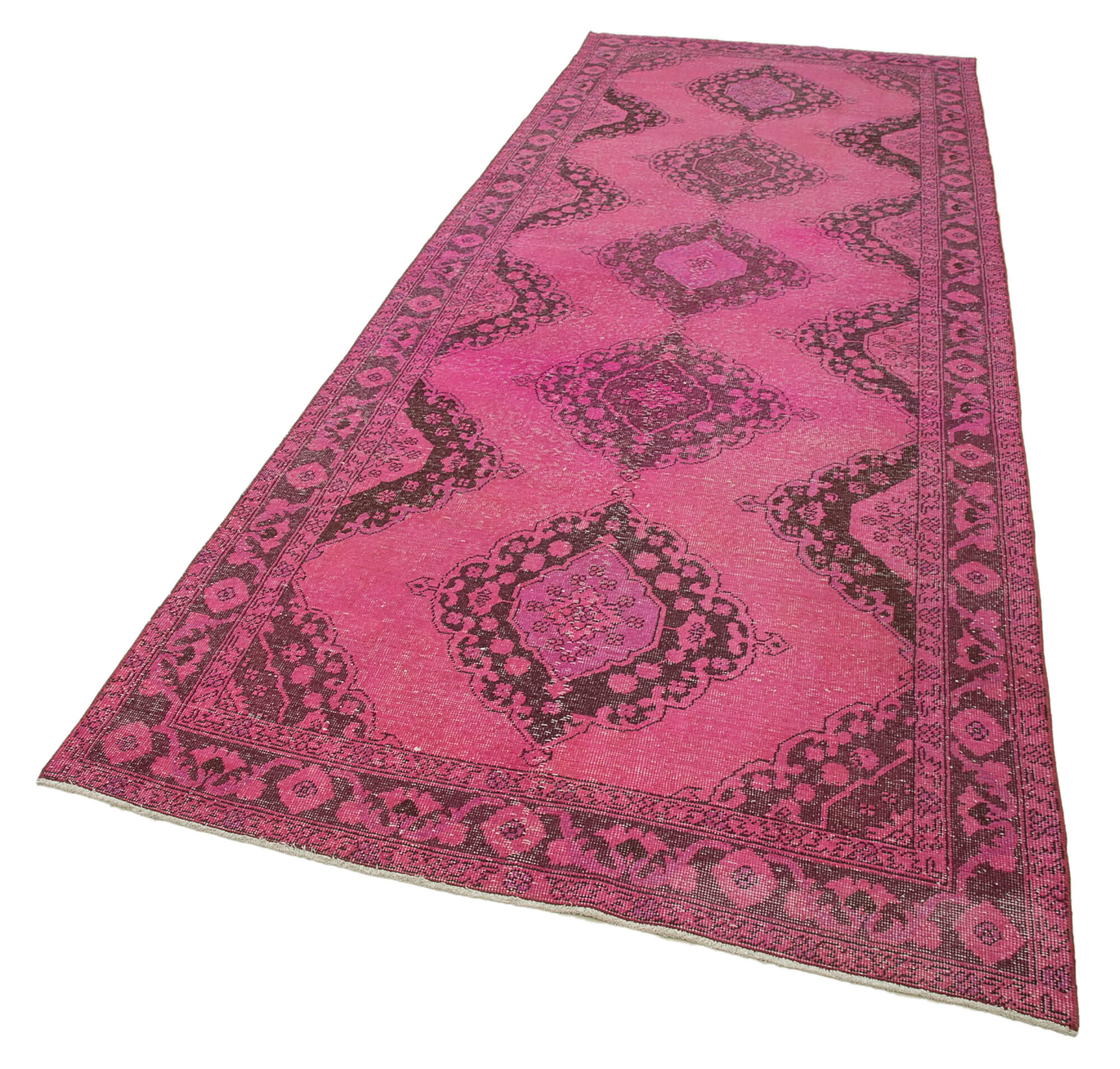 Handmade Vintage Area Rug – Pink Cotton Wool Carpet 4'8''x12'9'' Turkish Hand Knotted