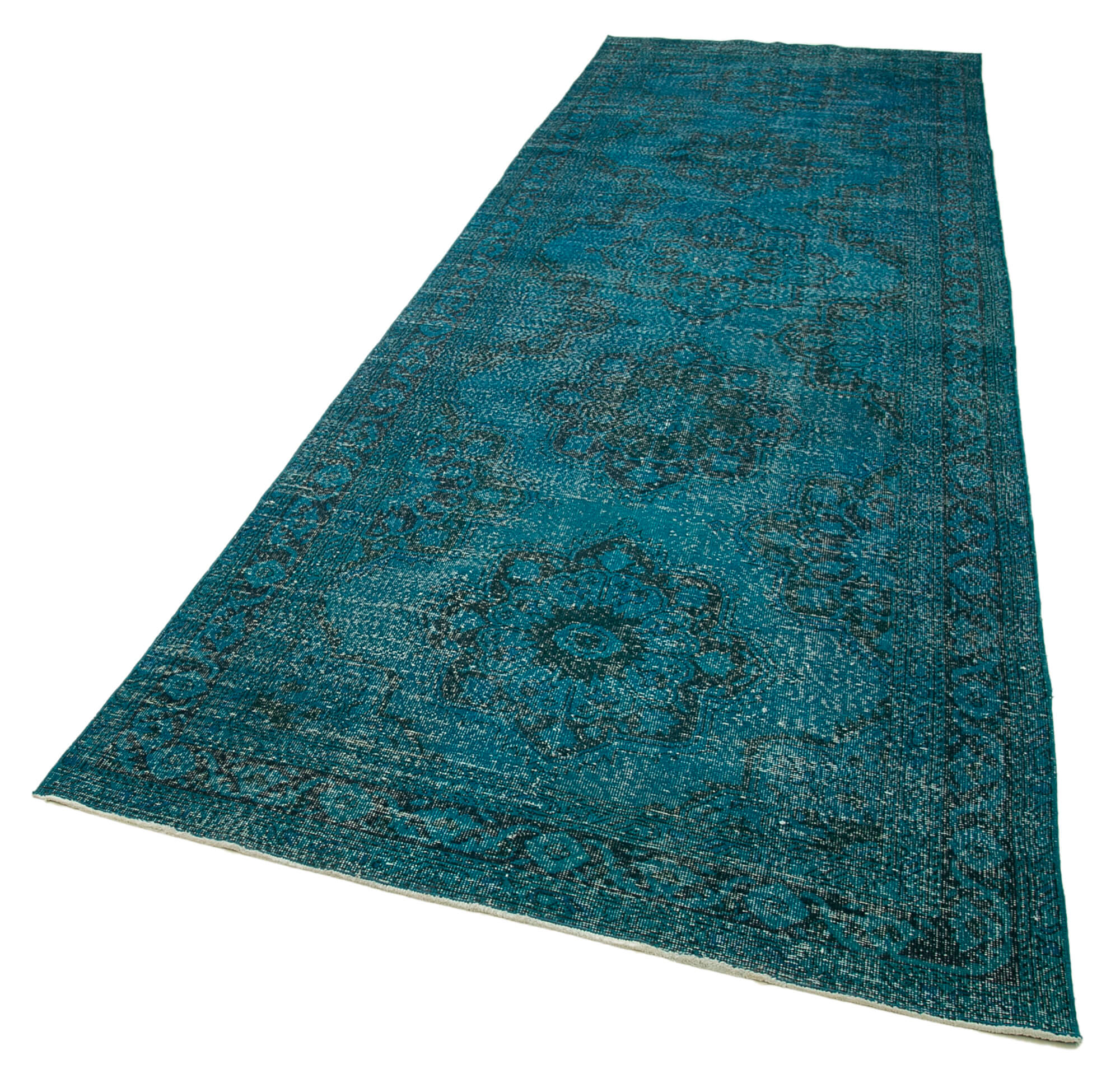 Vintage Wool Area Rug – Handmade Cotton Rug with Turquoise Wool Carpet, Soft Floor Covering 4'6'' x 14'0''